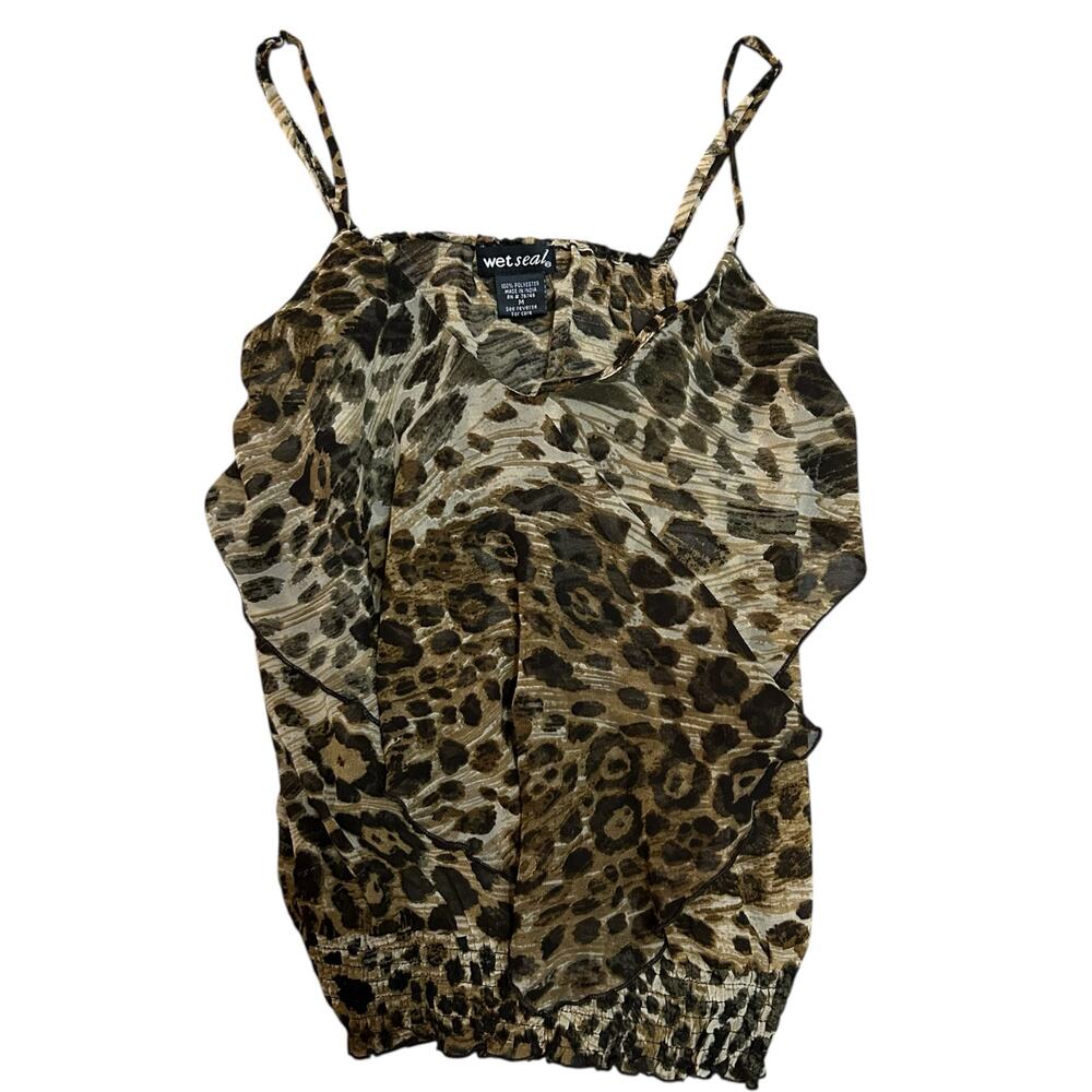 Y2K Wet Seal Sheer Brown Beige Cami Cheetah Ruffle Womens Medium Festival Indie